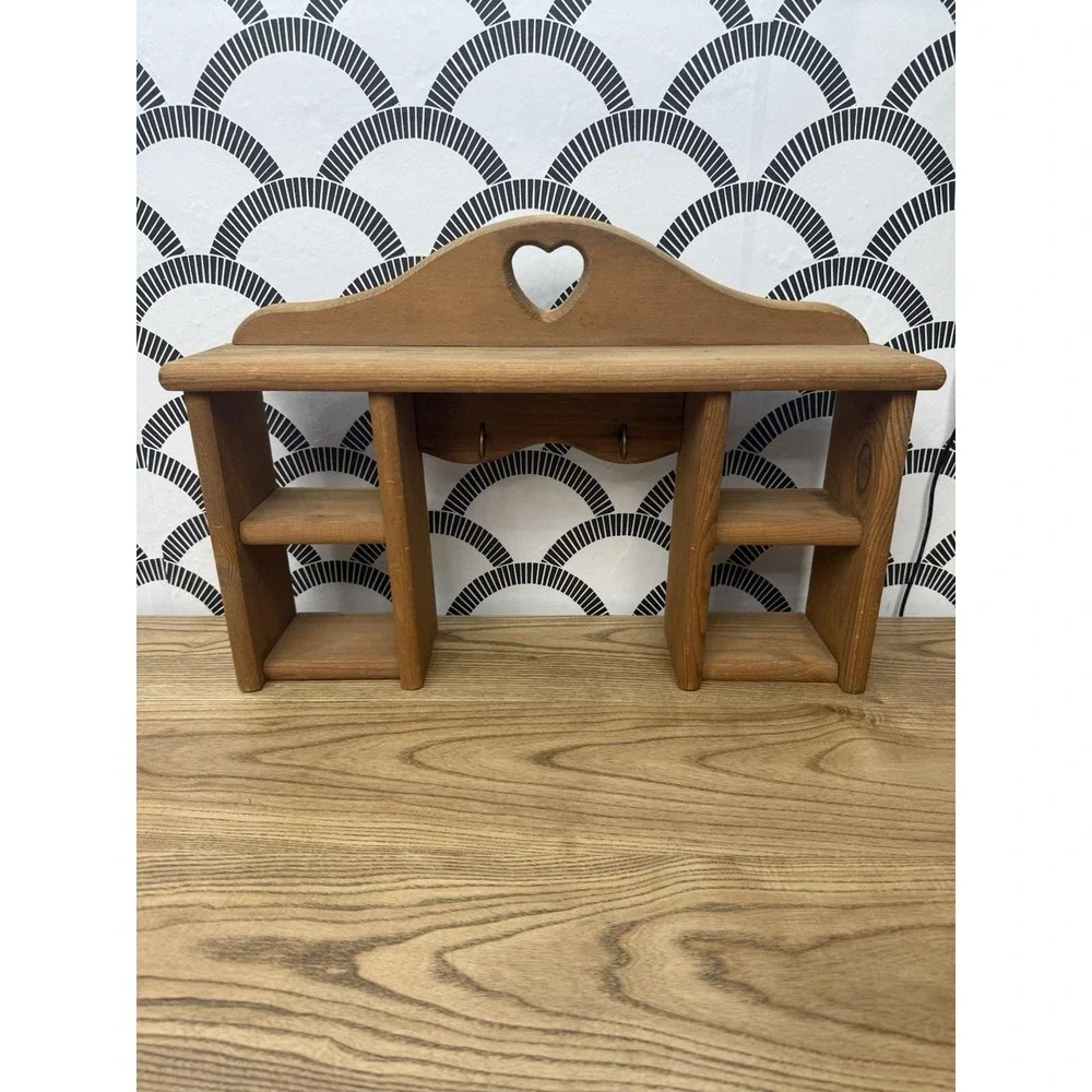 VTG Wooden Wall Shelf Hooks Heart Cut Out Cubby Trinket Farmhouse Cottage Core
